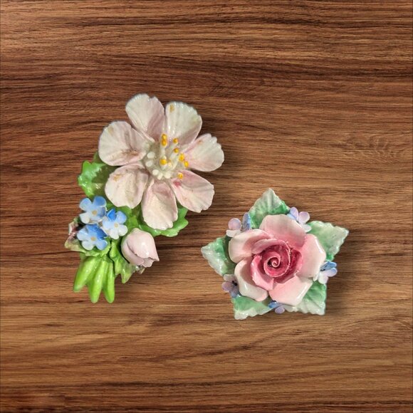 Vintage Hand Painted Floral Porcelain Brooch Lot By Scruples & Denton - Picture 1 of 8